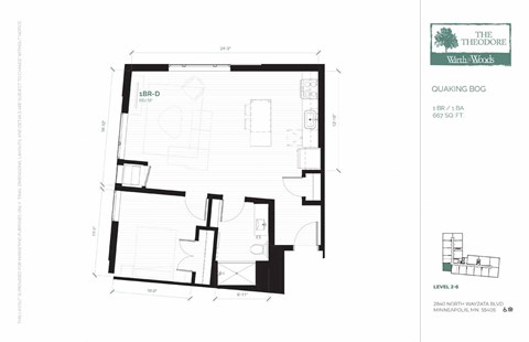 Floor plan for 1 bed, 1 bath, 667 sqft